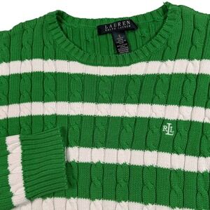 Ralph Lauren Sweater Womens Small Green White Striped Cable Knit Logo